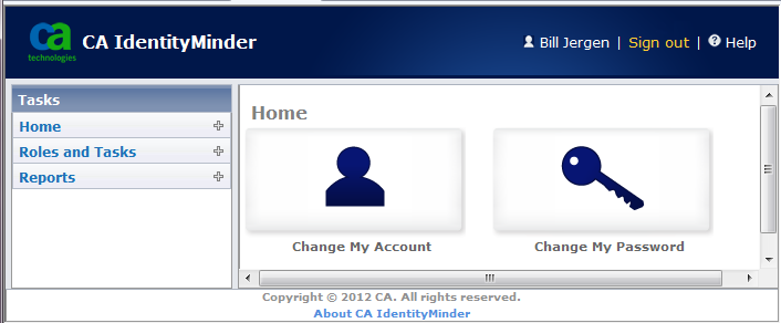 IdentityMinder screen showing the Role Managers login with fewer tabs