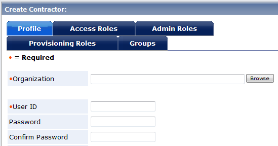 Screen showing fields required to create a contractor along with other related tabs