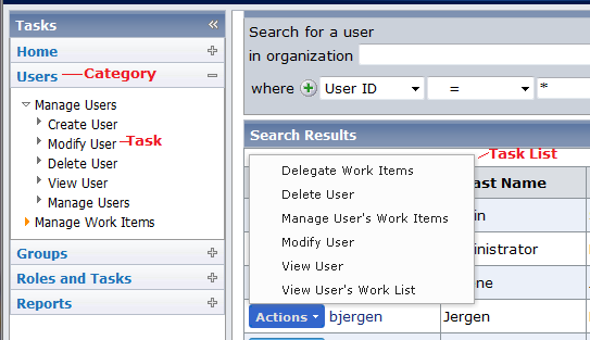 Screen showing task lists in the User Console