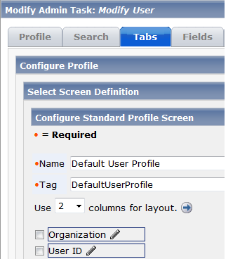 Screen showing fields required to modify an admin user tasks and other related tabs