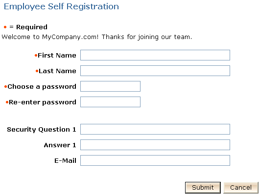 Screen shows Employee Self Registration form