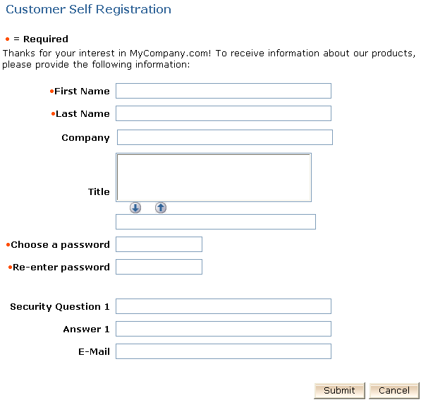 Screen shows a Customer Self Registration form
