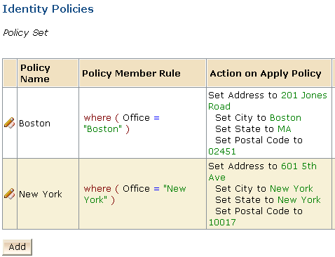 The screen shows sample policies in the Employee Addresses Identity Policy Set with the columns Policy Name, Policy Member Rule, and Action on Apply Policy.