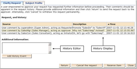 The screen shows the History Controlls on the Clarify Online Request task.