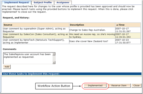 The screen shows the implemented button on the Implement Online Request Approval task.